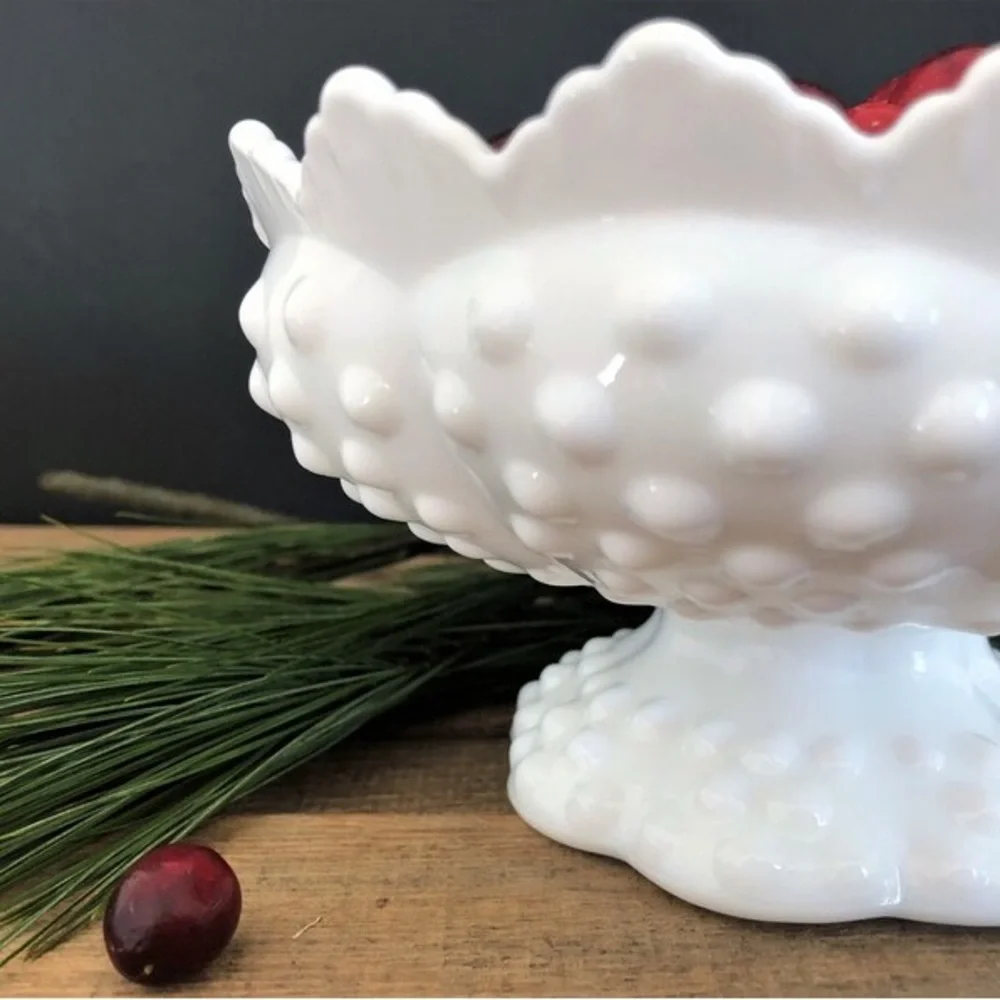 Vintage Fenton Milk Glass Hobnail Creative Flower Bowl Footed Candle Holdr White